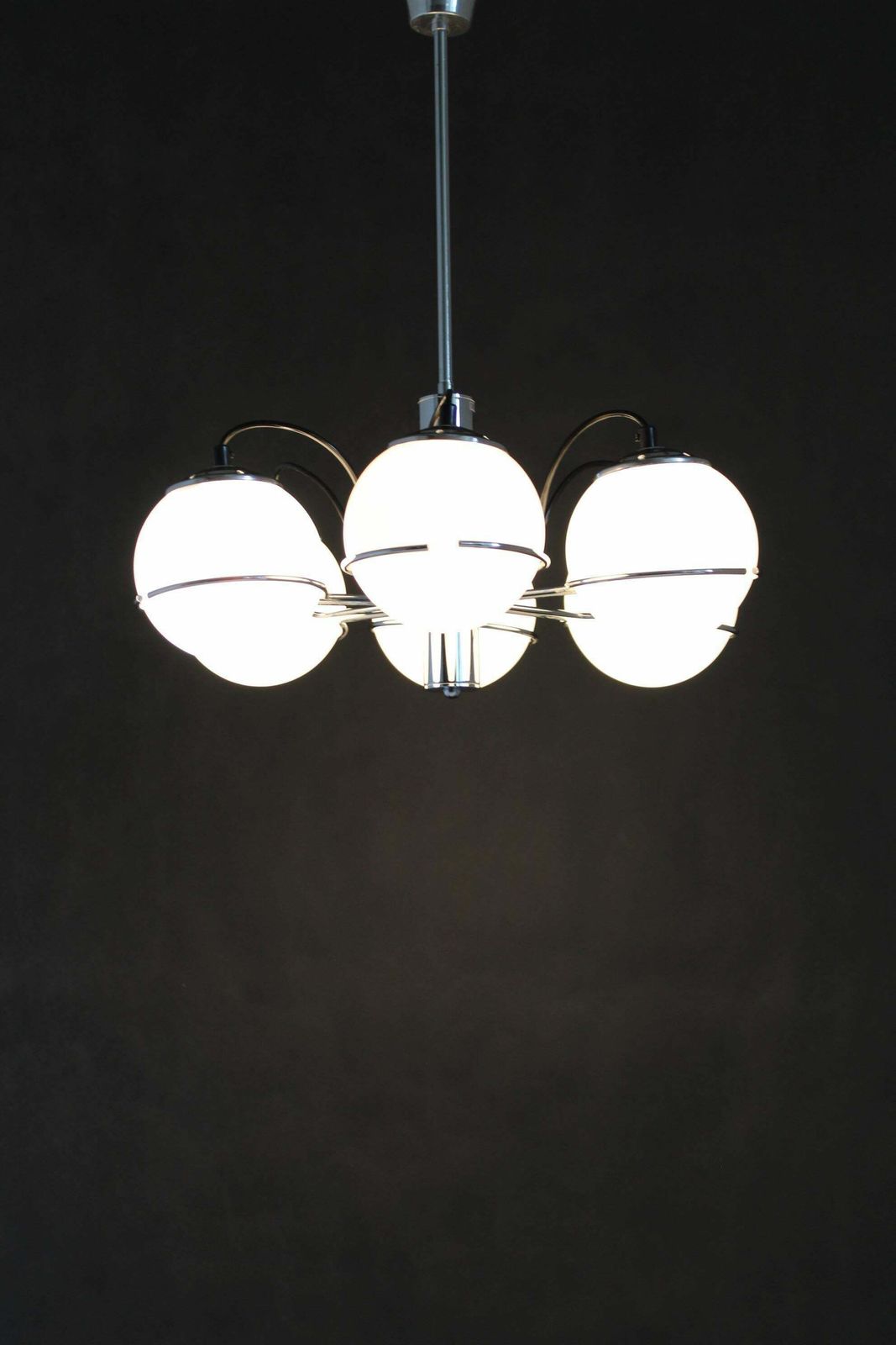 photo furniture 1970s Targetti Sankey Italian Chrome And Opaline Glass Chandelier