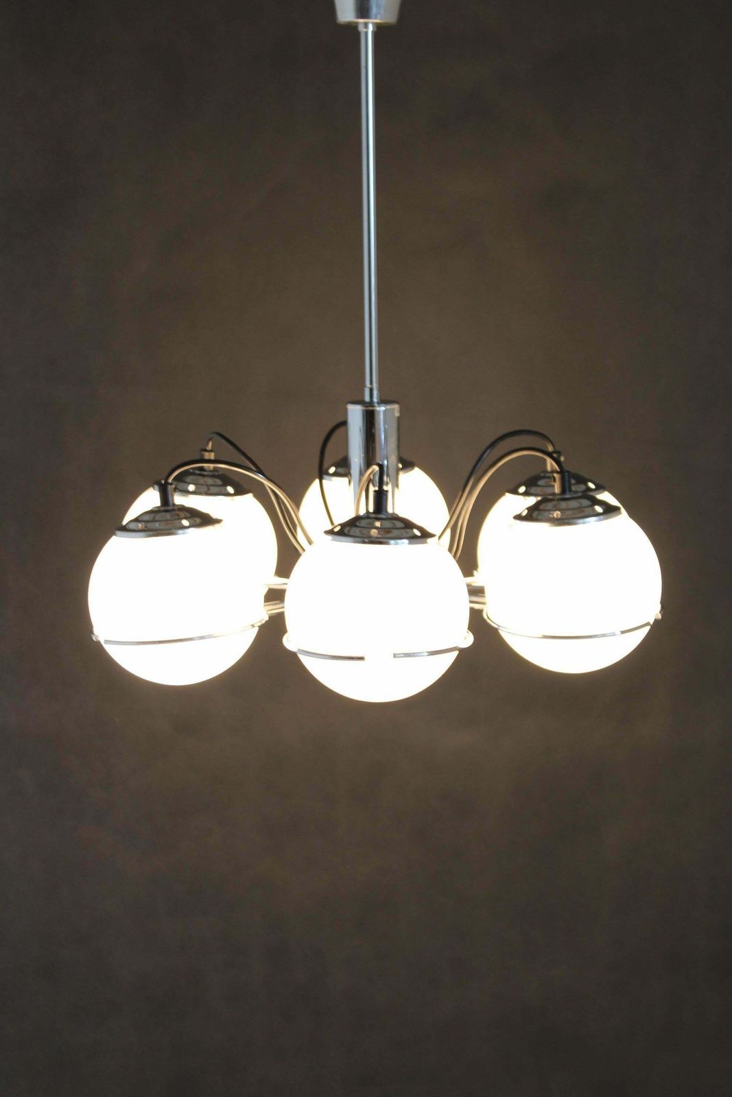 photo for sale 1970s Targetti Sankey Italian Chrome And Opaline Glass Chandelier
