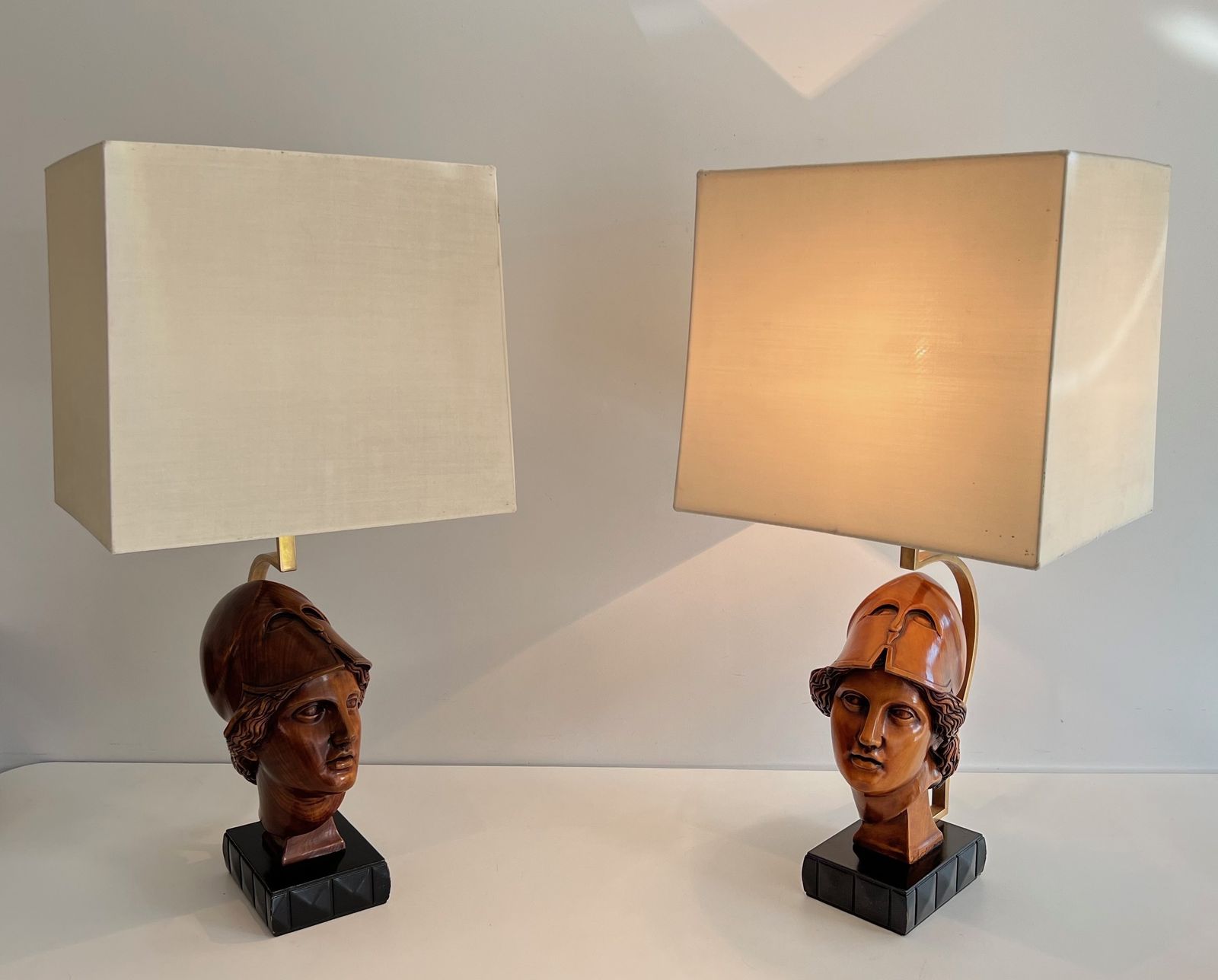 Pair Of Walnut Lamps Depicting Faces Of Helmeted Soldiers