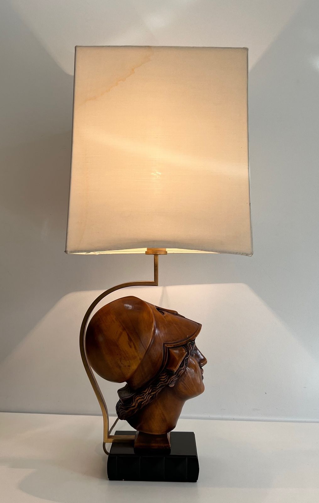Lighting Pair Of Walnut Lamps Depicting Faces Of Helmeted Soldiers photo