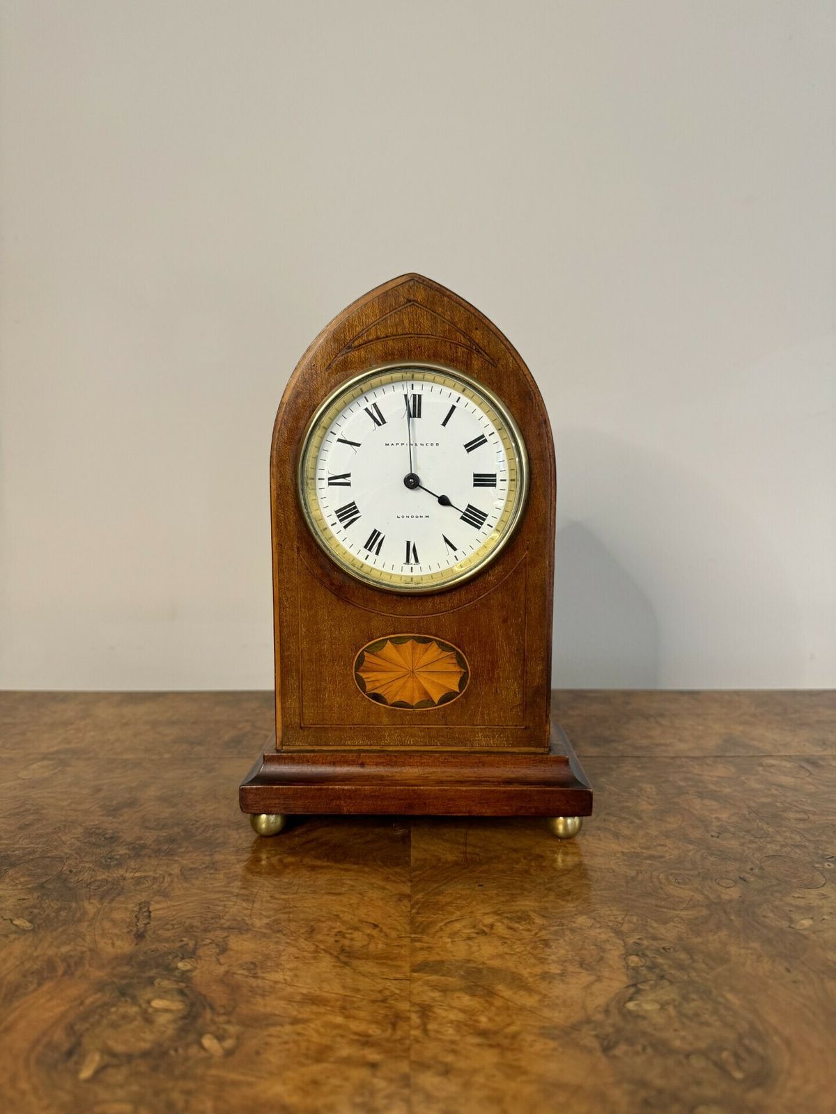 Lovely Antique Quality Mahogany Inlaid Satinwood Mantle Clock By Mappin & Webb London photo for sale