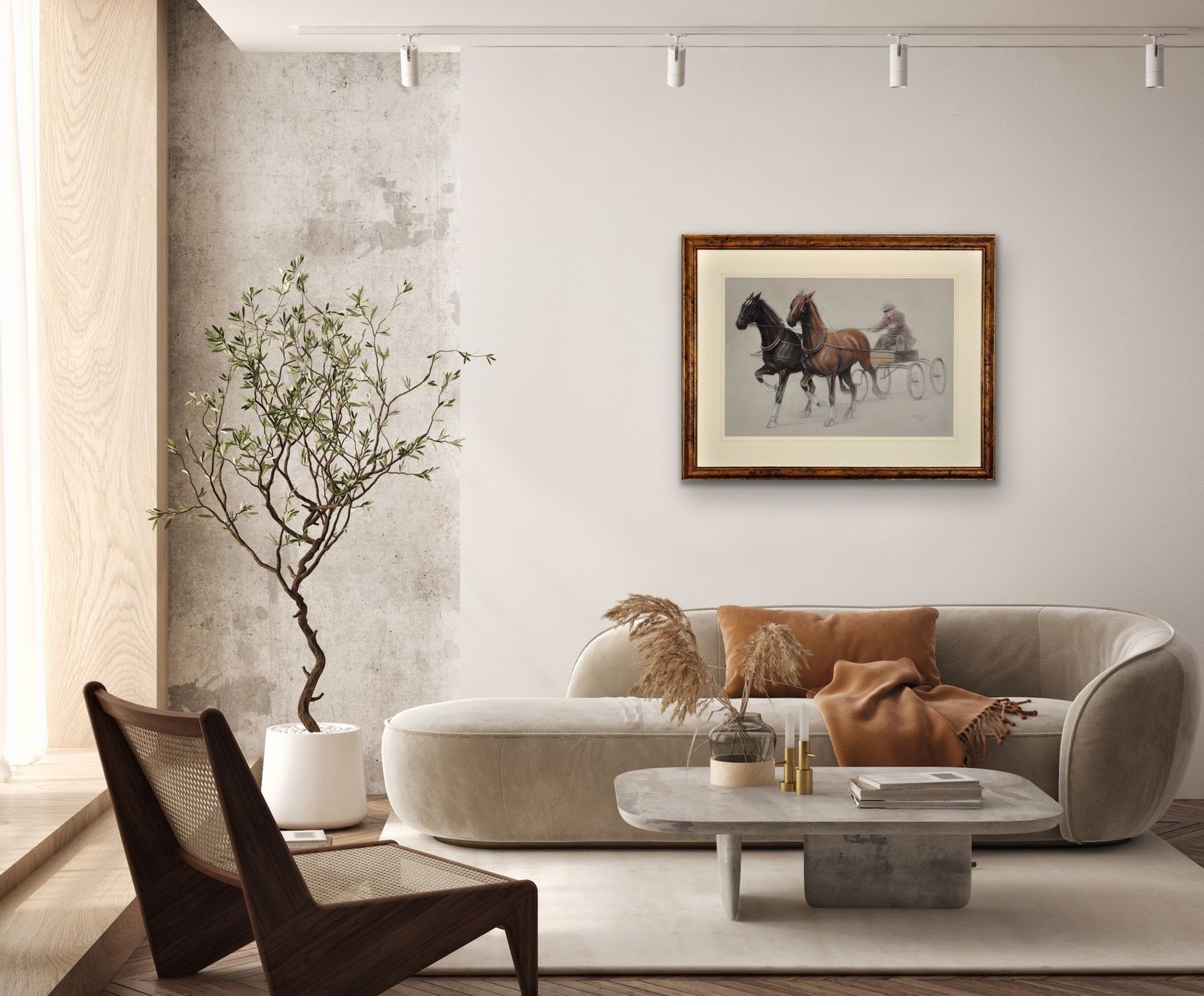photo furniture Cecil Charles Windsor Aldin 1870 To 1935. English. Trotting Horses Harnessed To A Lightweight Four Wheel Cart Trap. Walnut Framed Chalk Drawing.