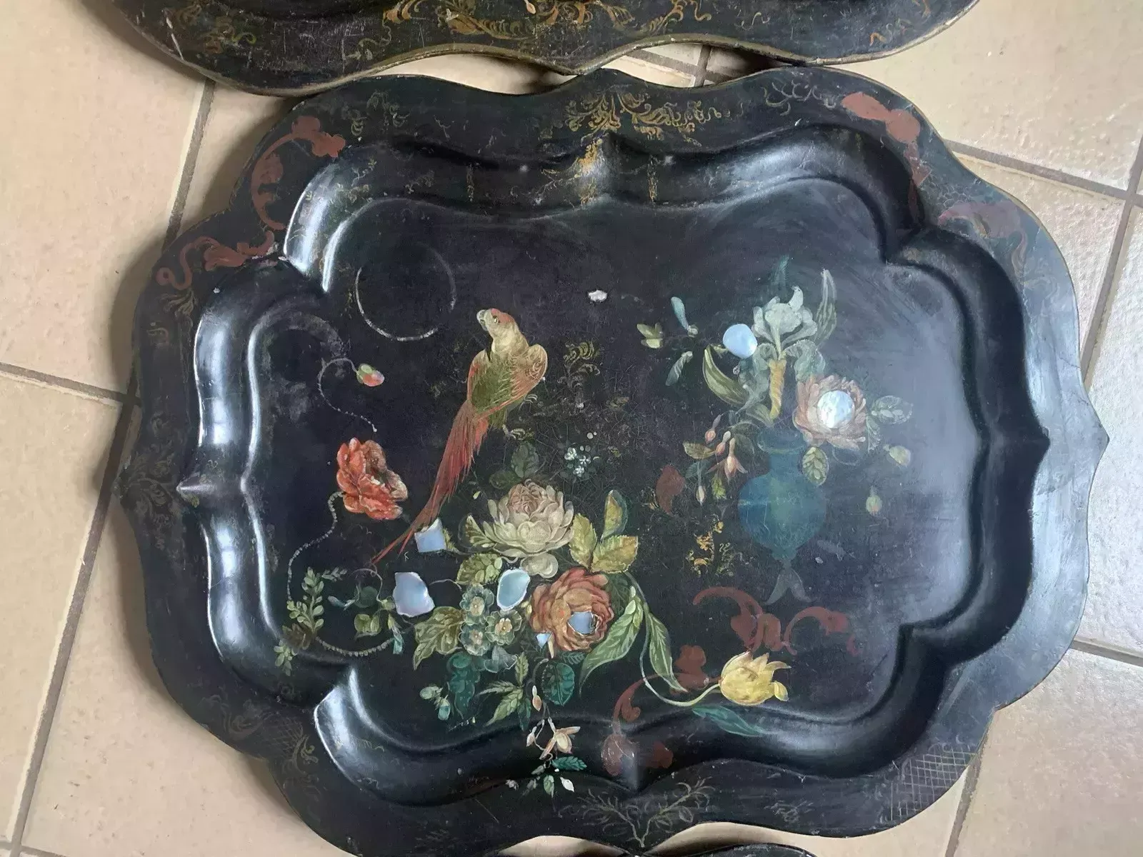 A Rare 19th Century Set Of 3 Papier Mache Trays photo for sale