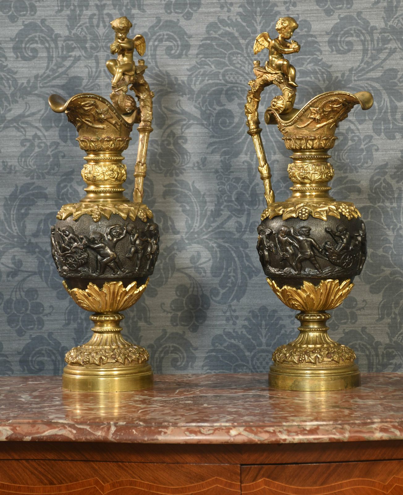 Pair Of Renaissance Style French Patinated Bronze Ewers