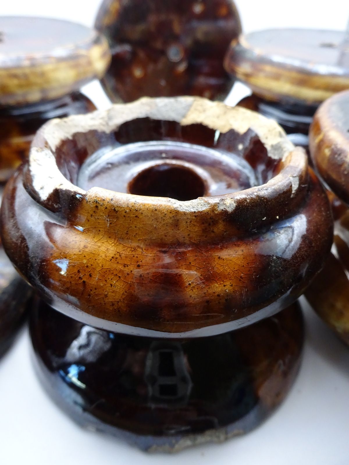 Rare Find 6 Antique Treacle Glazed Pottery Furniture Feet/Castor Cups/Carpet Protectors , As Found Condition photo vintage