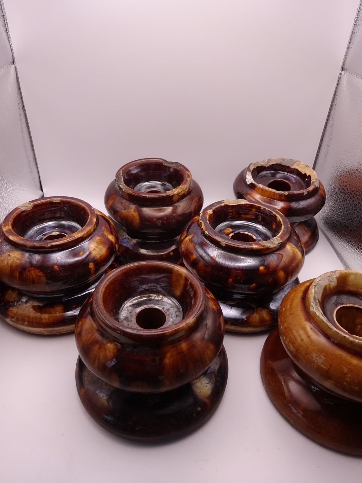 photo for sale Rare Find 6 Antique Treacle Glazed Pottery Furniture Feet/Castor Cups/Carpet Protectors , As Found Condition