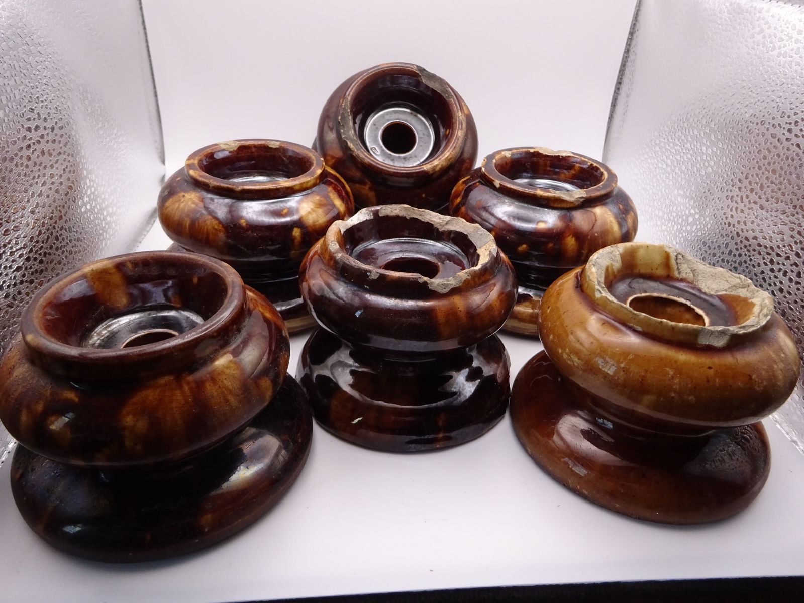 Home Decor Rare Find 6 Antique Treacle Glazed Pottery Furniture Feet/Castor Cups/Carpet Protectors , As Found Condition photo