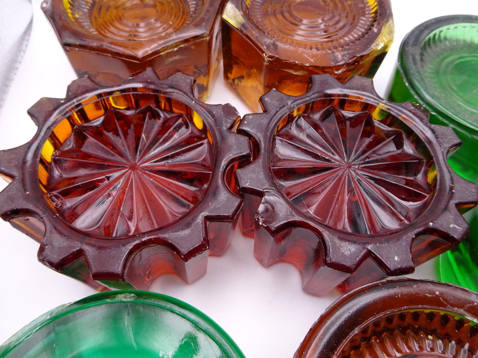 8 Antique Coloured Pressed Glass Furniture Feet/Castor Cups photo furniture