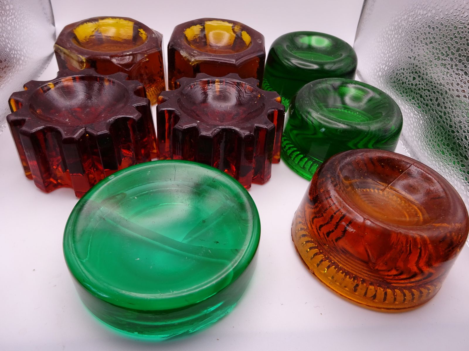 8 Antique Coloured Pressed Glass Furniture Feet/Castor Cups