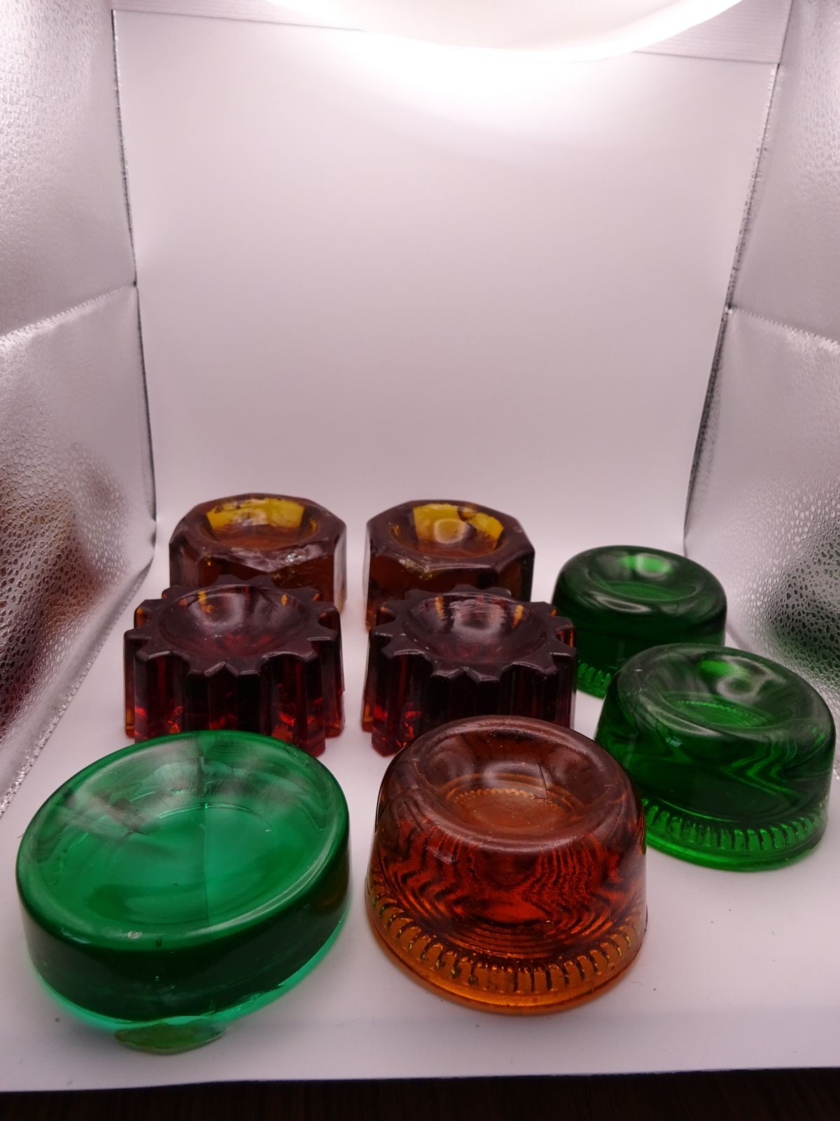 8 Antique Coloured Pressed Glass Furniture Feet/Castor Cups photo buy