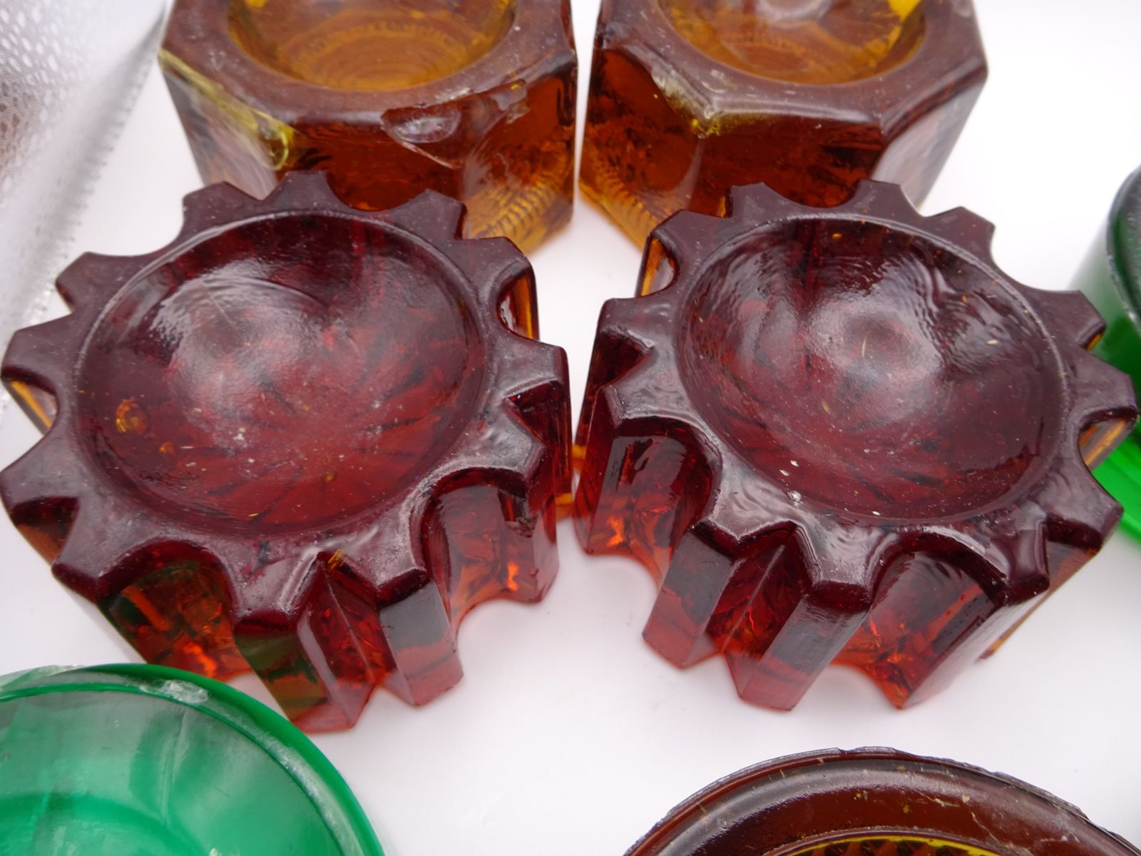 photo for sale 8 Antique Coloured Pressed Glass Furniture Feet/Castor Cups