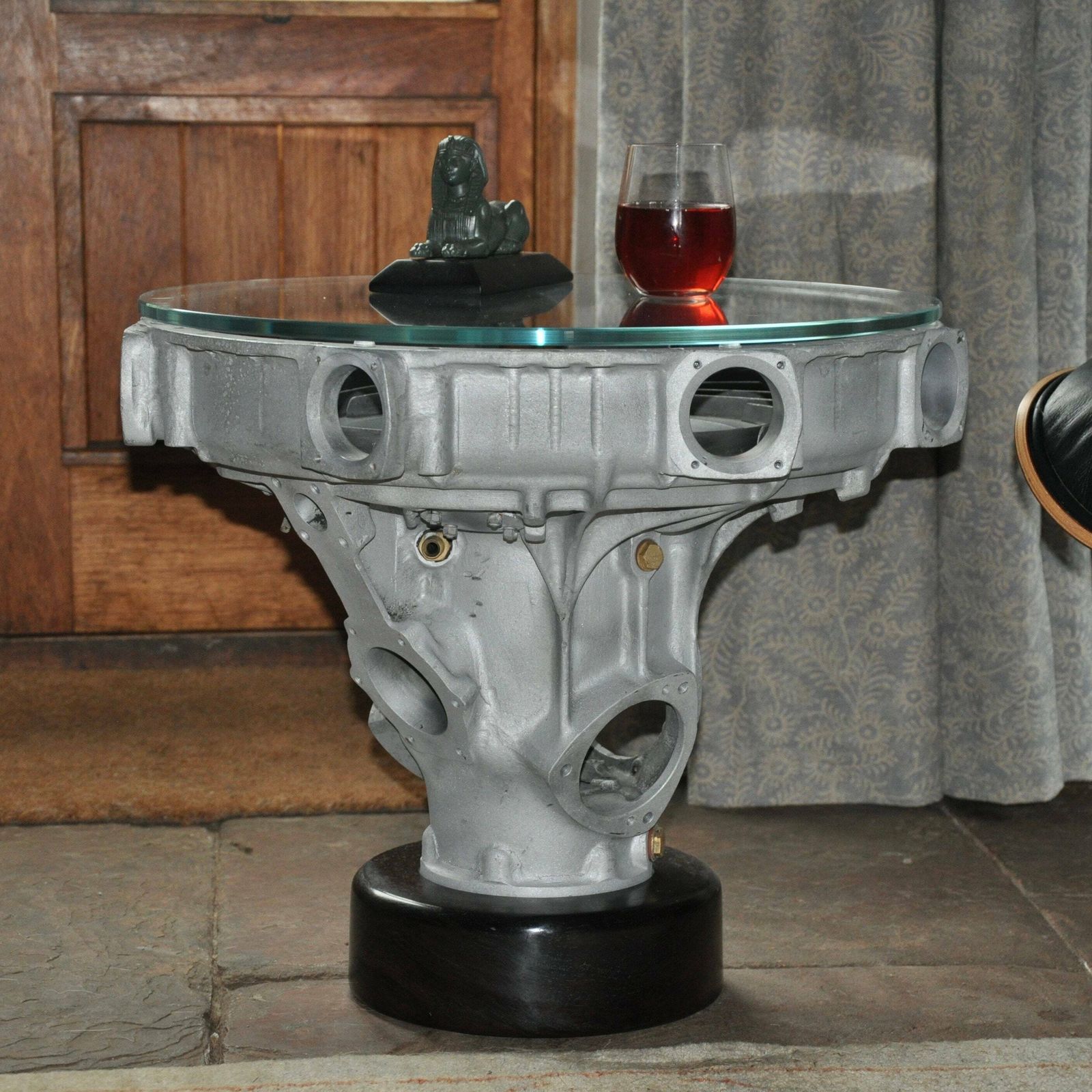 Ww2 Cheetah Aircraft Engine Supercharger Casting Industrial Design Coffee Table With Glass Top And Sphinx Mascot Ornament