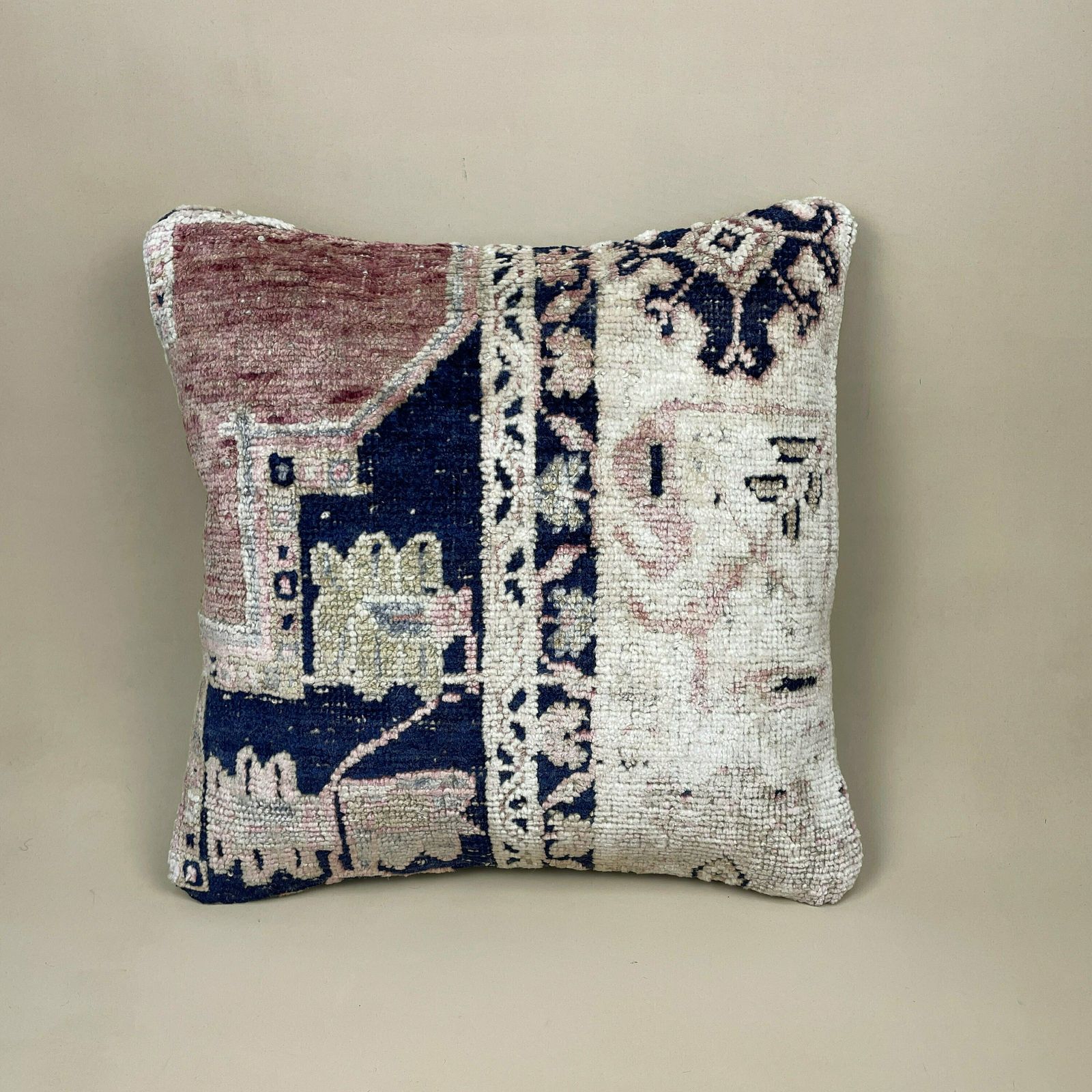 Antique Kilim Cushion Pillow Feather Filled Handwoven Patterned Pink Blue