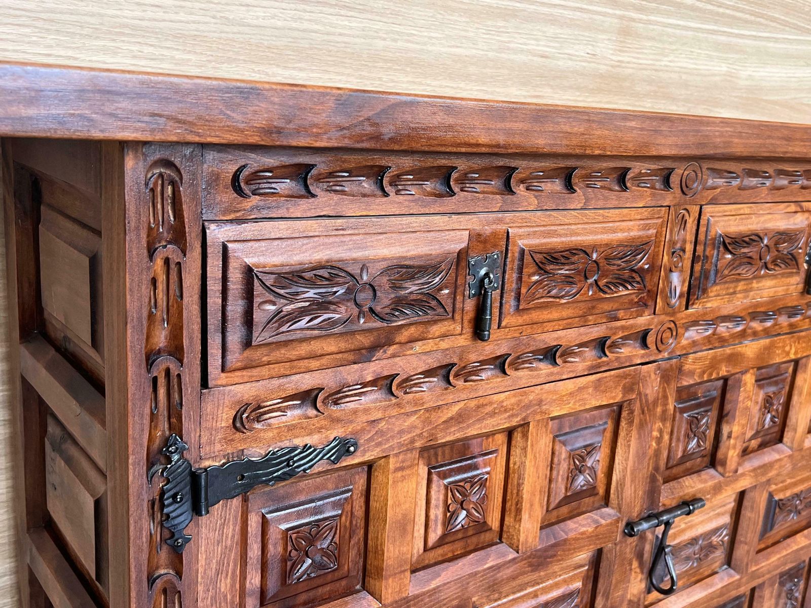 19th Spanish Baroque Carved Walnut Tuscan Two Drawer Credenza Or Buffet photo vintage