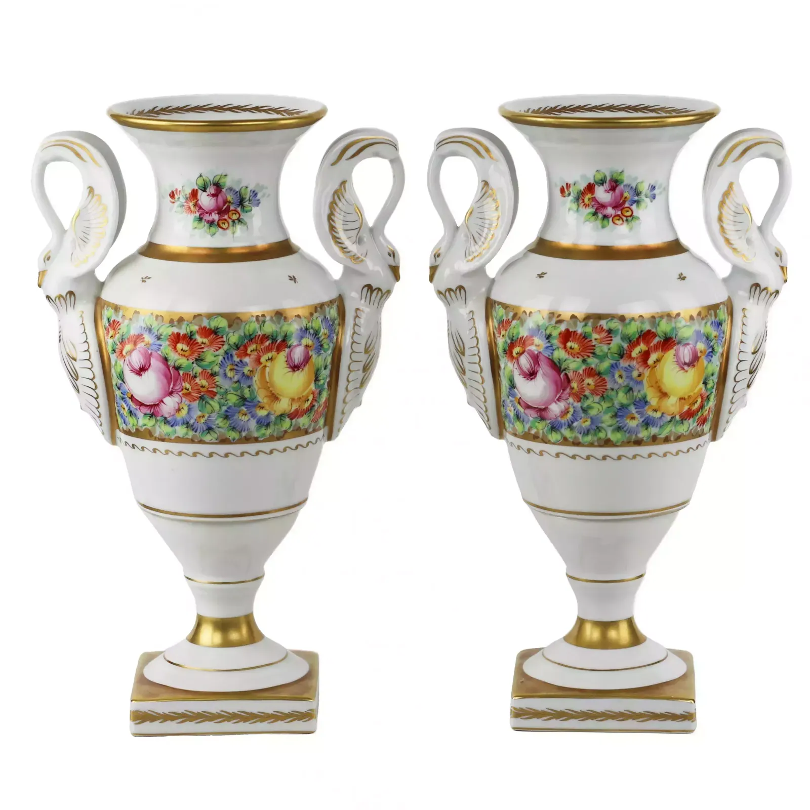 A Pair Of Gilded Porcelain Couleuvre Vases In The French Empire Style. 20th Century.