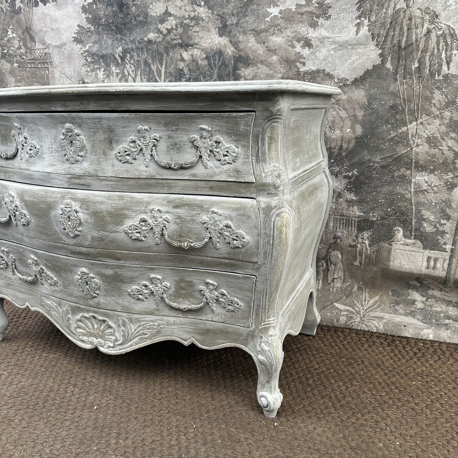 French Antique Commode Bombe Curved Chest Of Drawers Pale Grey Chippy Paint photo vinterior