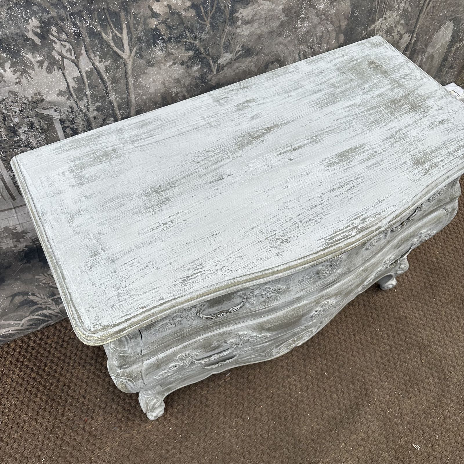 French Antique Commode Bombe Curved Chest Of Drawers Pale Grey Chippy Paint photo 1395.0