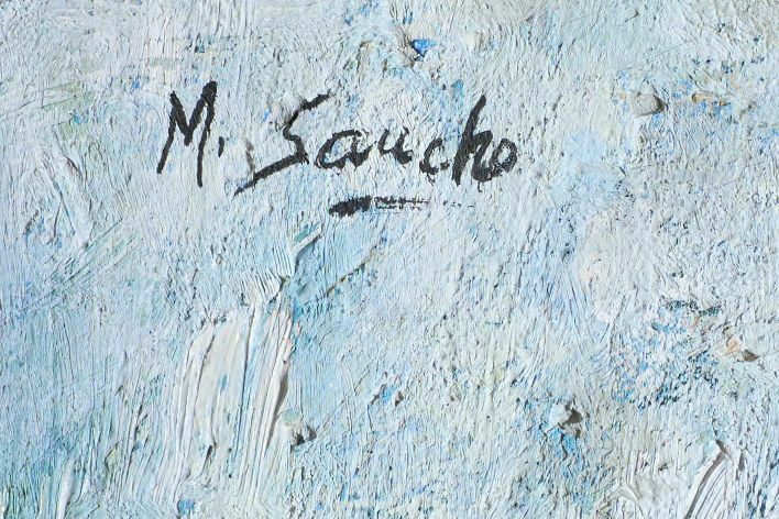 20th Century Oil On Canvas Of A Lady Selling Eggs  M Sancho photo buy