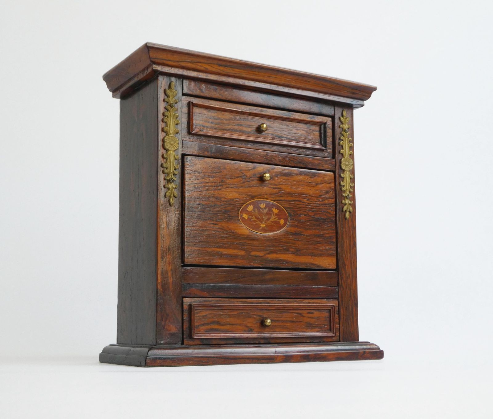 Small Vintage Wooden Jewellery Box, Cute Oak Marquetry Cabinet With Brass Ornaments photo Furniture