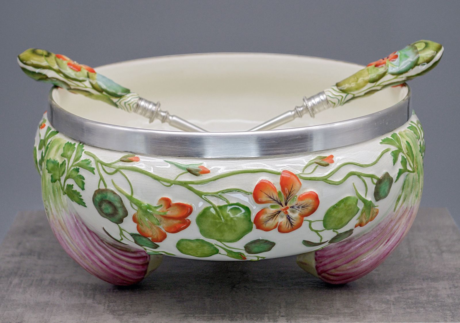 185.0 Antique Ceramic Majolica Salad Bowl (Or Soup Tureen) With Original Serving Cuttlery. photo