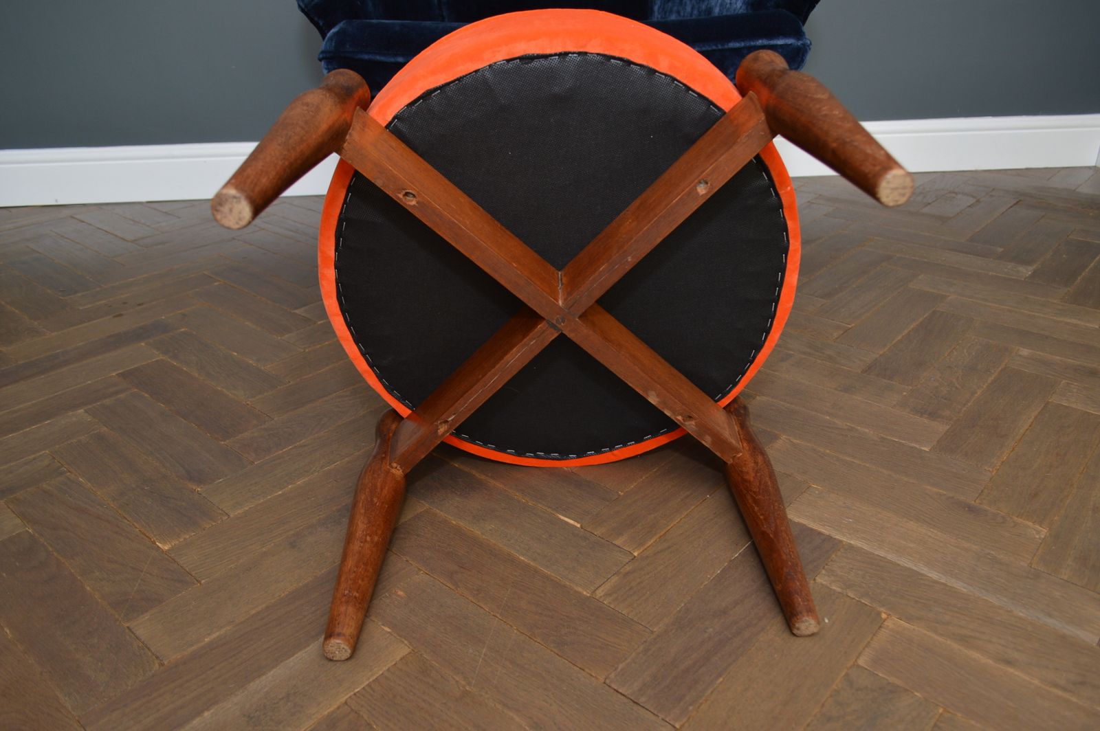 Retro/ Mid Century Teak And Velvet Orange Ottoman /Footstool photo vinterior