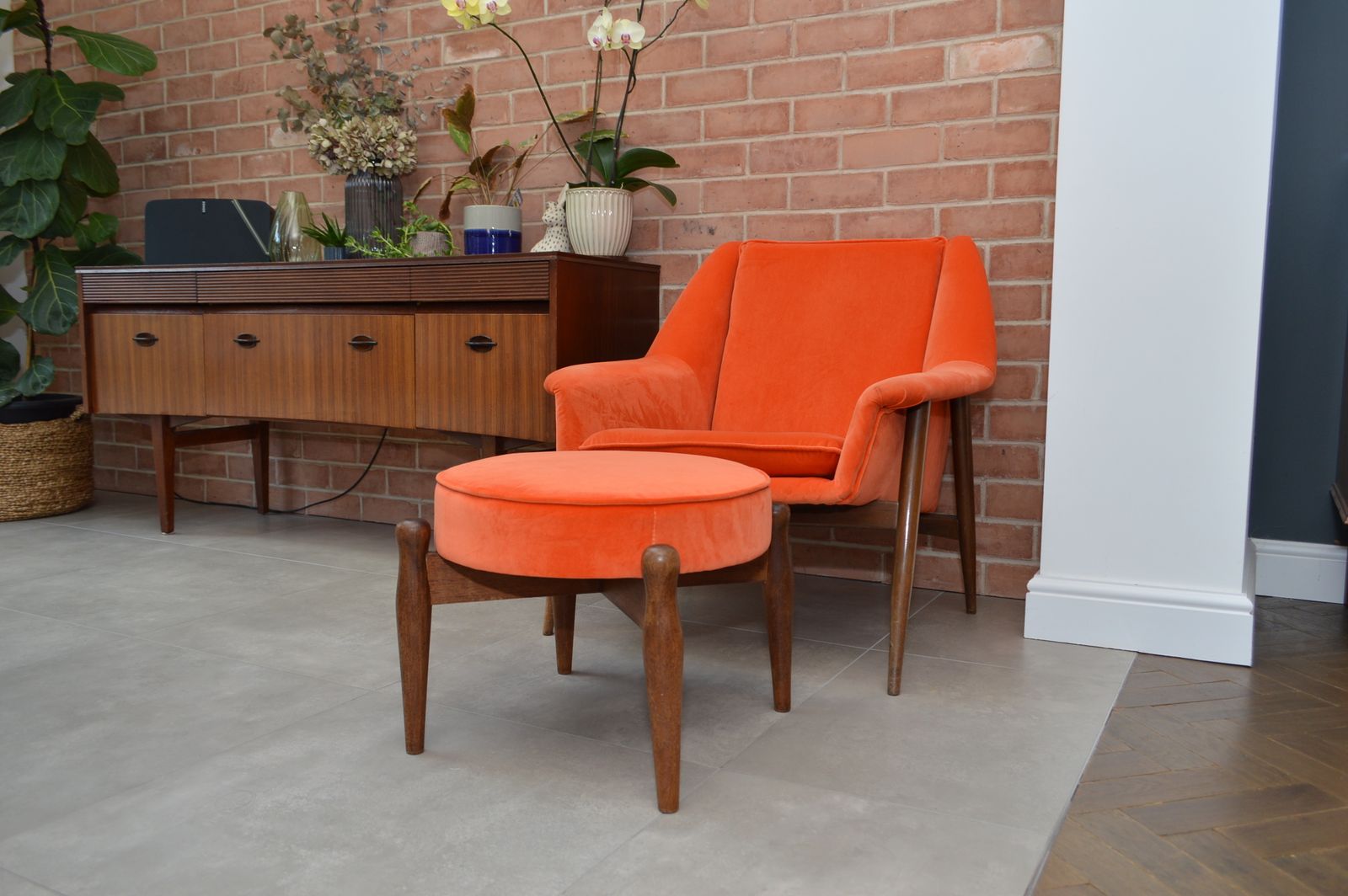 Retro/ Mid Century Teak And Velvet Orange Ottoman /Footstool photo vintage