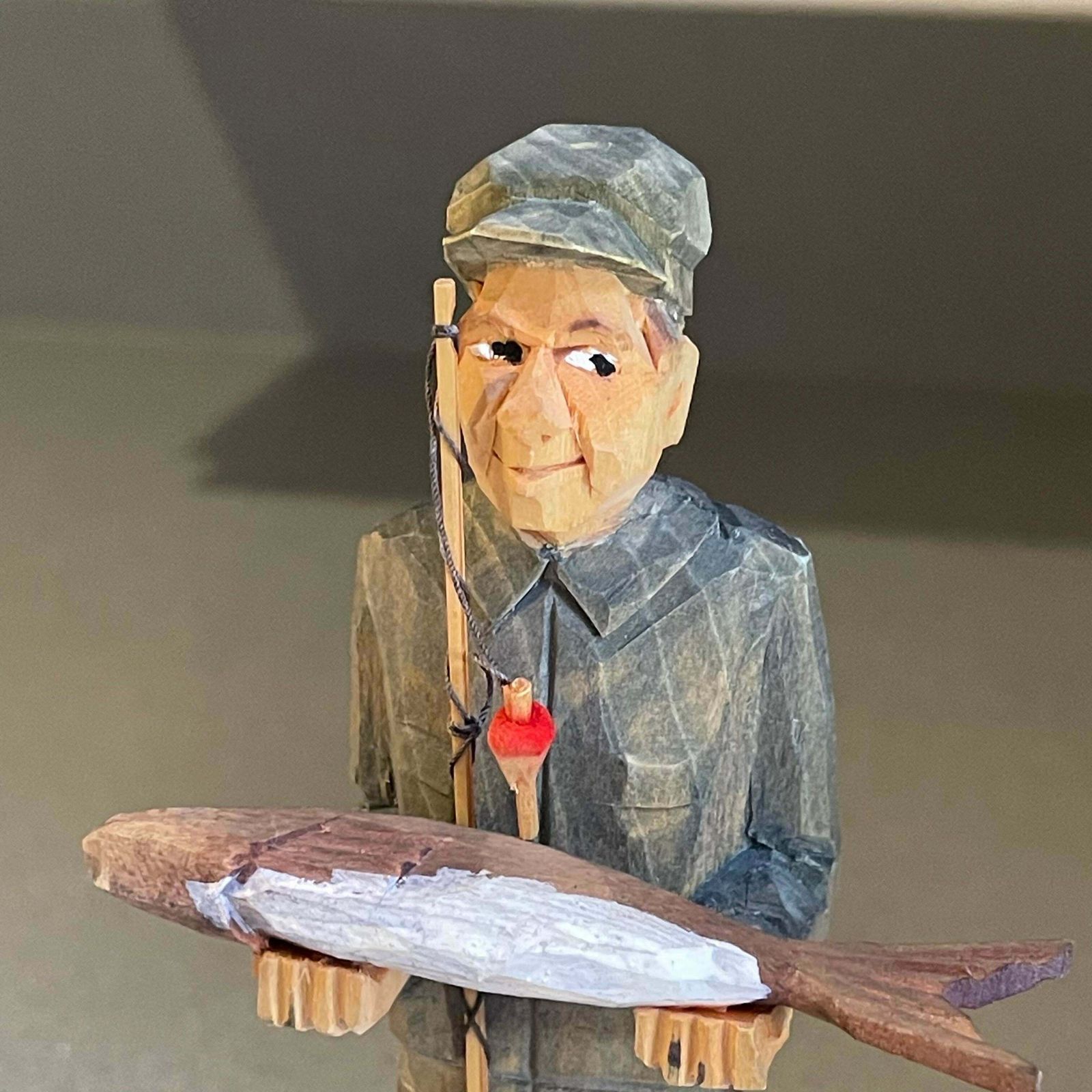 Rare Wooden Carving Human Sculptures A Fisher Man Antique Decorative Figurine photo vintage