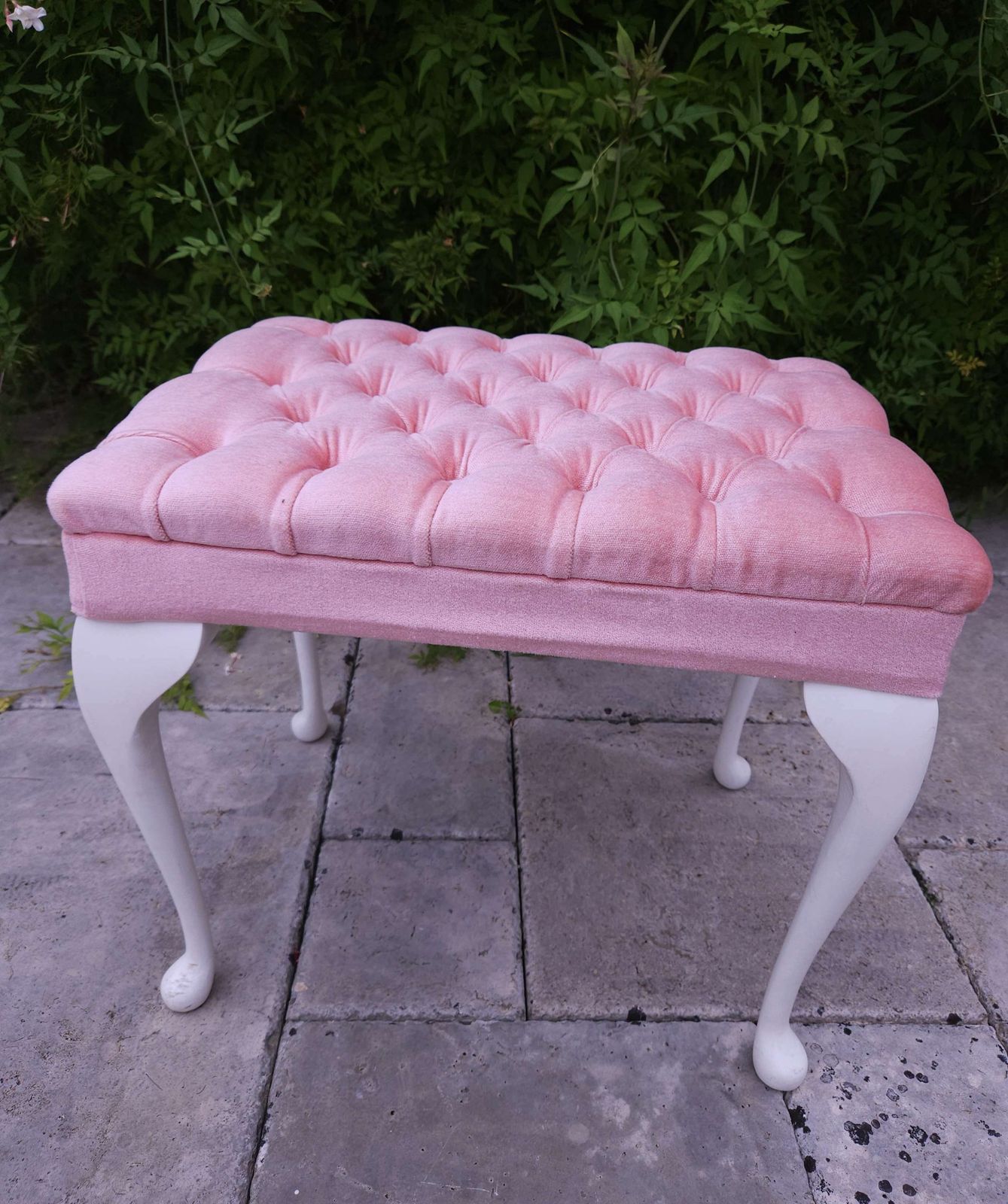 Soft Pink Velvet, French Style, Buttoned Bedroom Stool