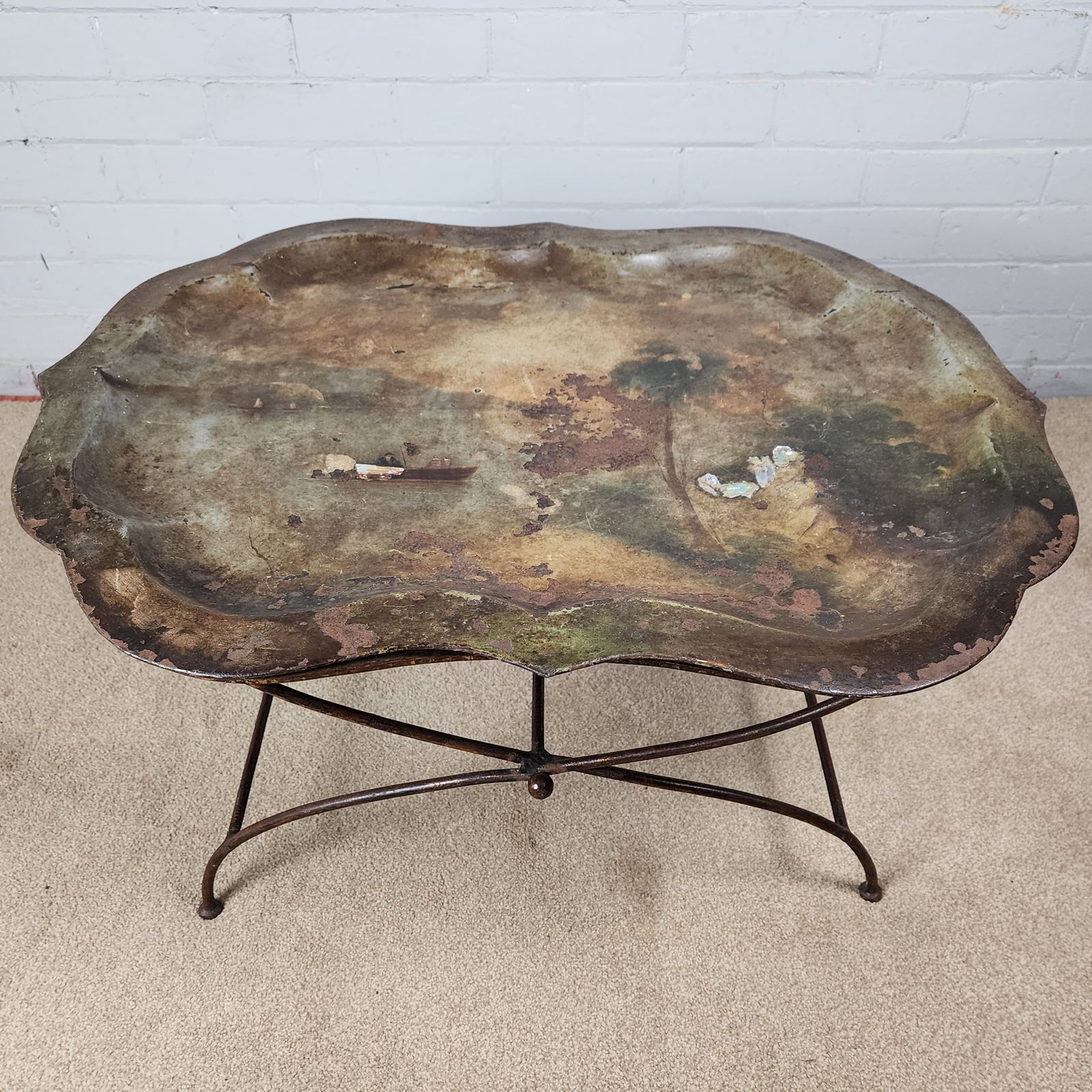 A Georgian Toleware Serpentine Tray On X Frame Iron Stand photo furniture