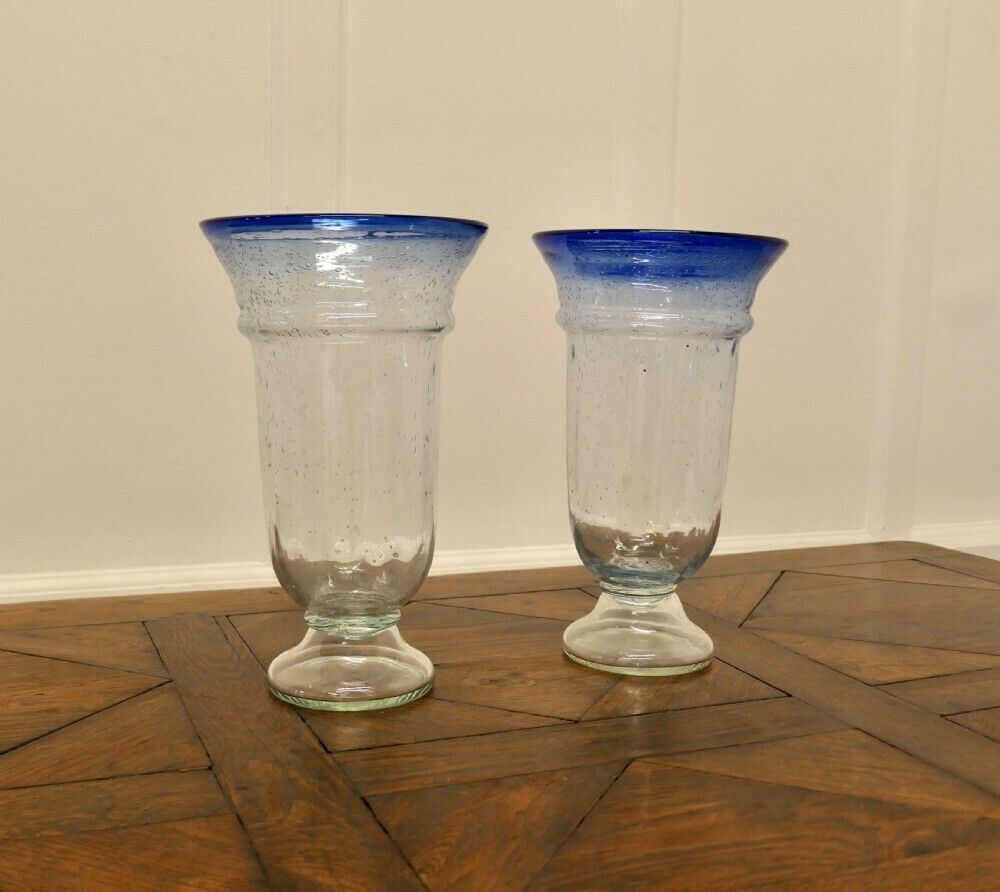Pair Of Large Vintage Seeded Bubble Art Glass Vases With Blue Rim photo furniture
