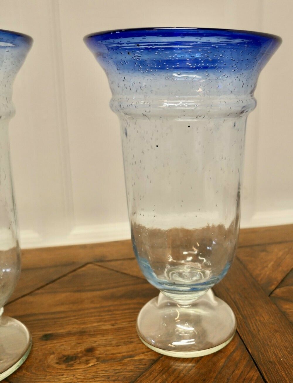 Pair Of Large Vintage Seeded Bubble Art Glass Vases With Blue Rim photo Home Decor
