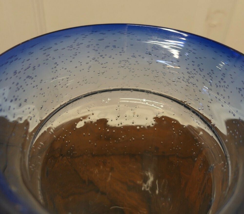 Pair Of Large Vintage Seeded Bubble Art Glass Vases With Blue Rim photo 270.0