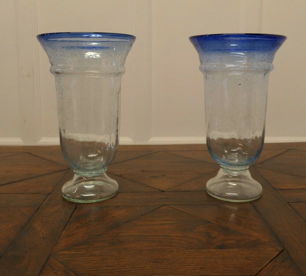Pair Of Large Vintage Seeded Bubble Art Glass Vases With Blue Rim photo vinterior