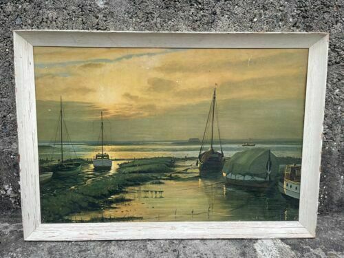 W.F.Burton Artist Huge Vintage Mid Century Framed Print Of Sailing Boat Scene photo furniture