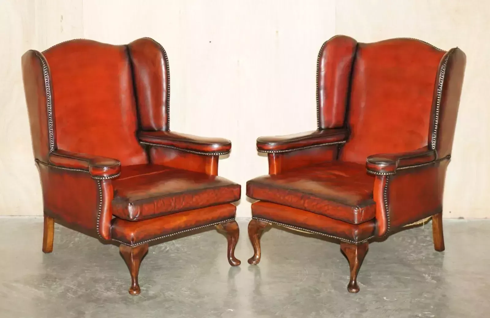Pair Of Restored Vintage Leather Wingback Armchairs William Morris Flat Top Arms