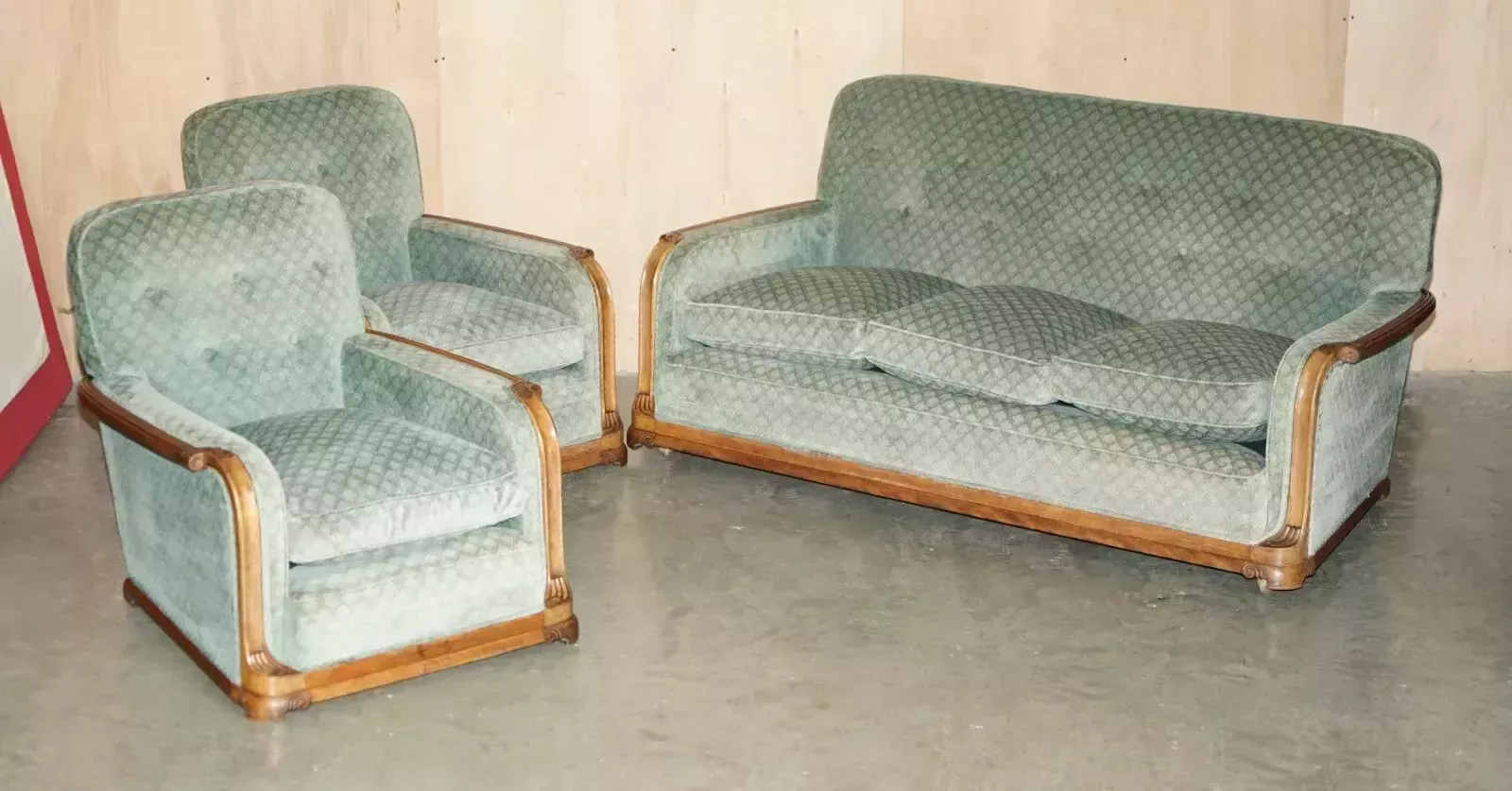 Ornately Hand Carved Walnut Art Deco Circa 1920's Antique Sofa & Armchair Suite