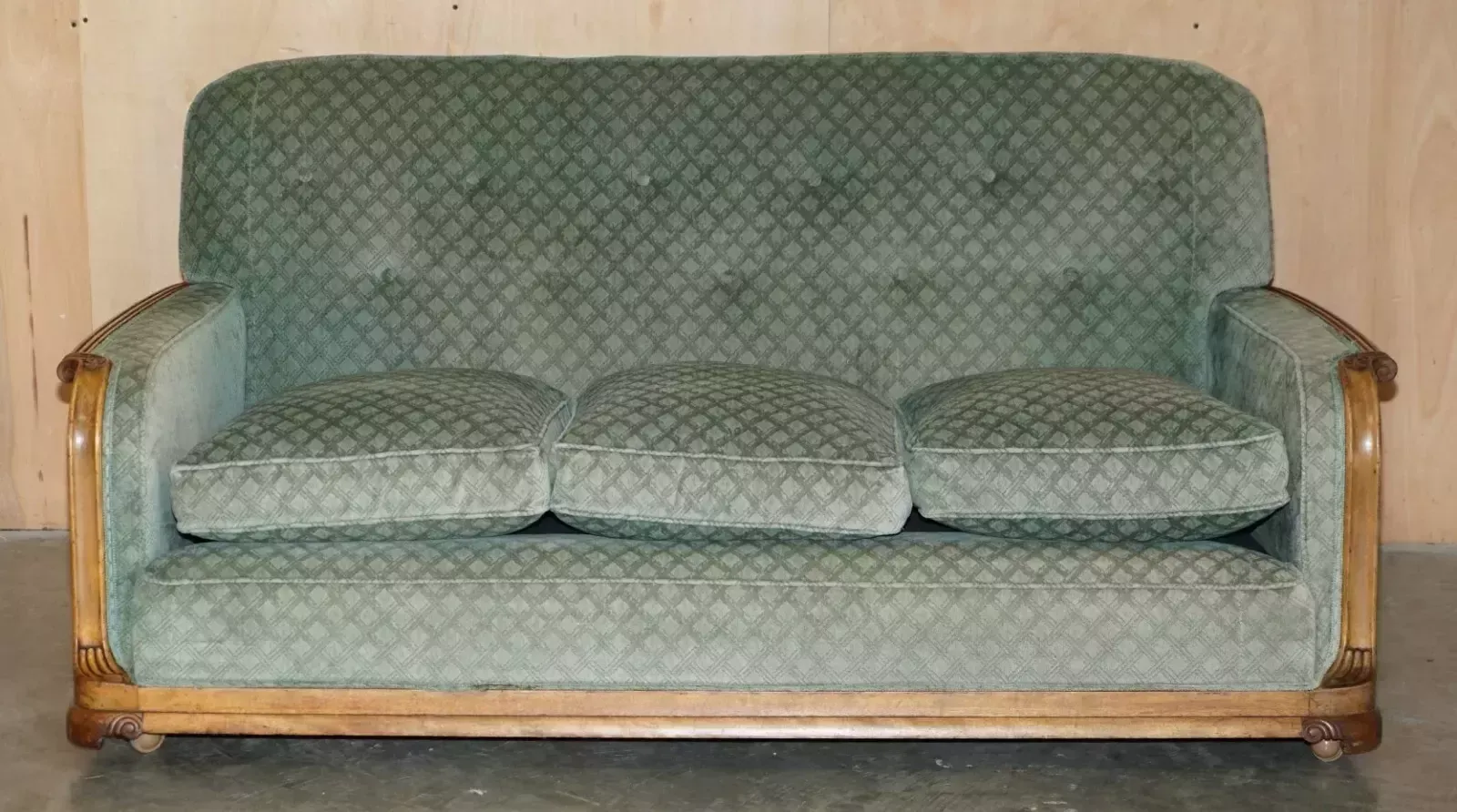 Ornately Hand Carved Walnut Art Deco Circa 1920's Antique Sofa & Armchair Suite photo for sale