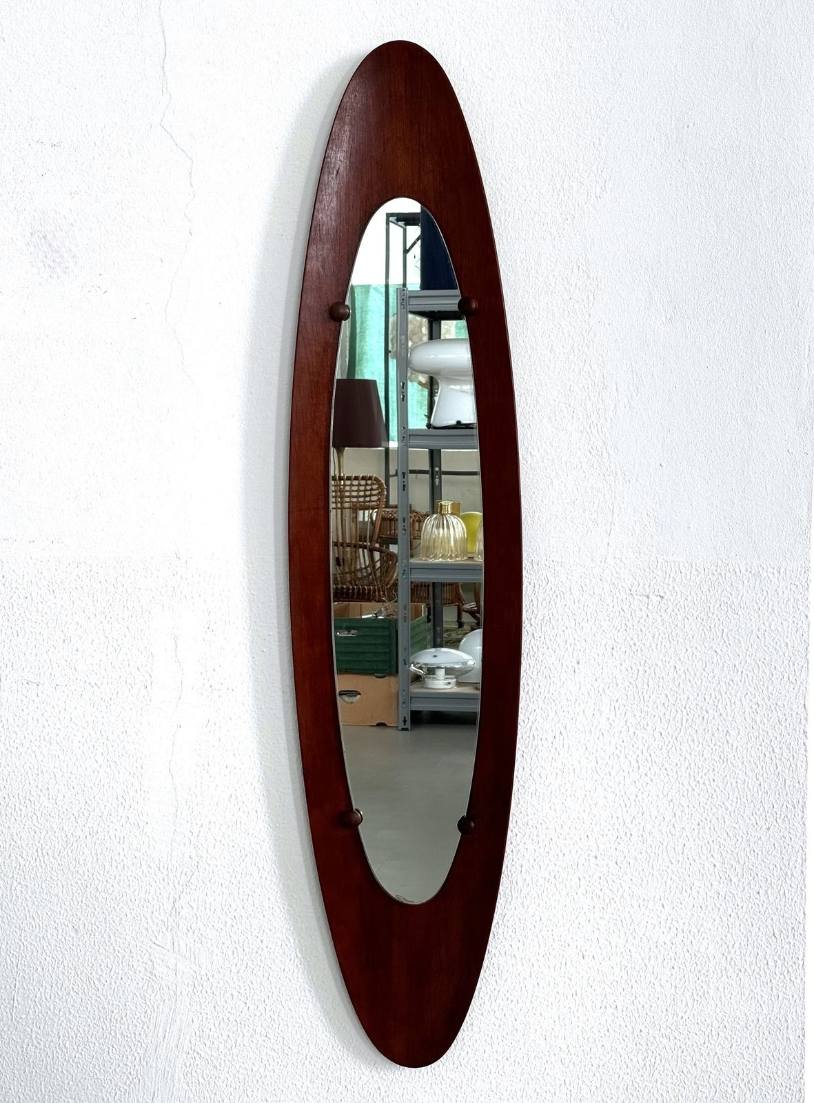 Italian Designer Teak Bentwood Wall Mirror, 1950s
