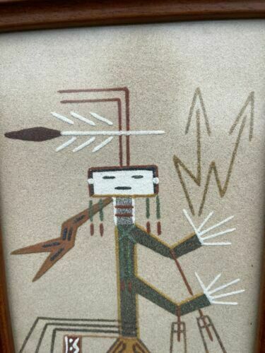 Vintage Rare Framed Native American Navajo Sand Painting Art Lightening Girl photo Art