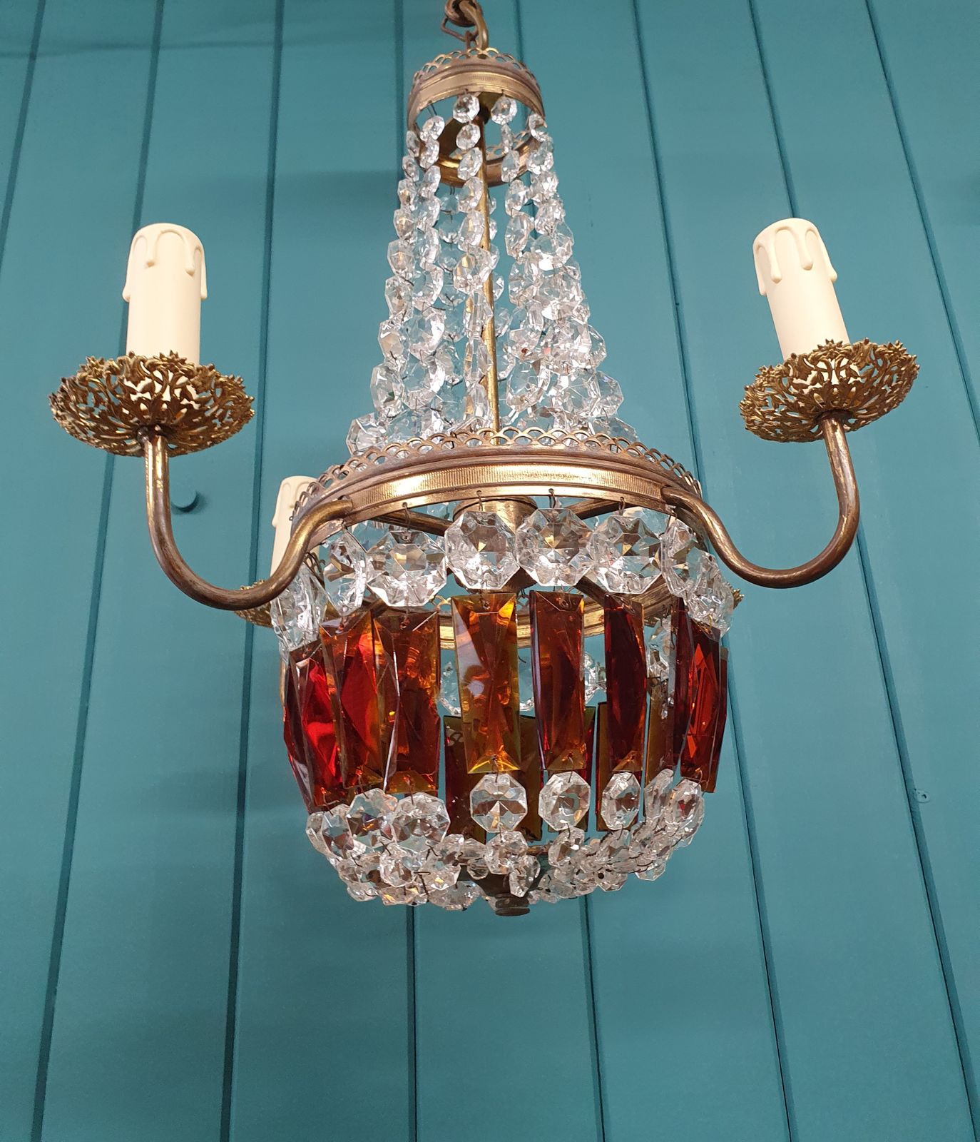 Early 20th Century French Chandelier With Ruby Coloured Prisms photo for sale