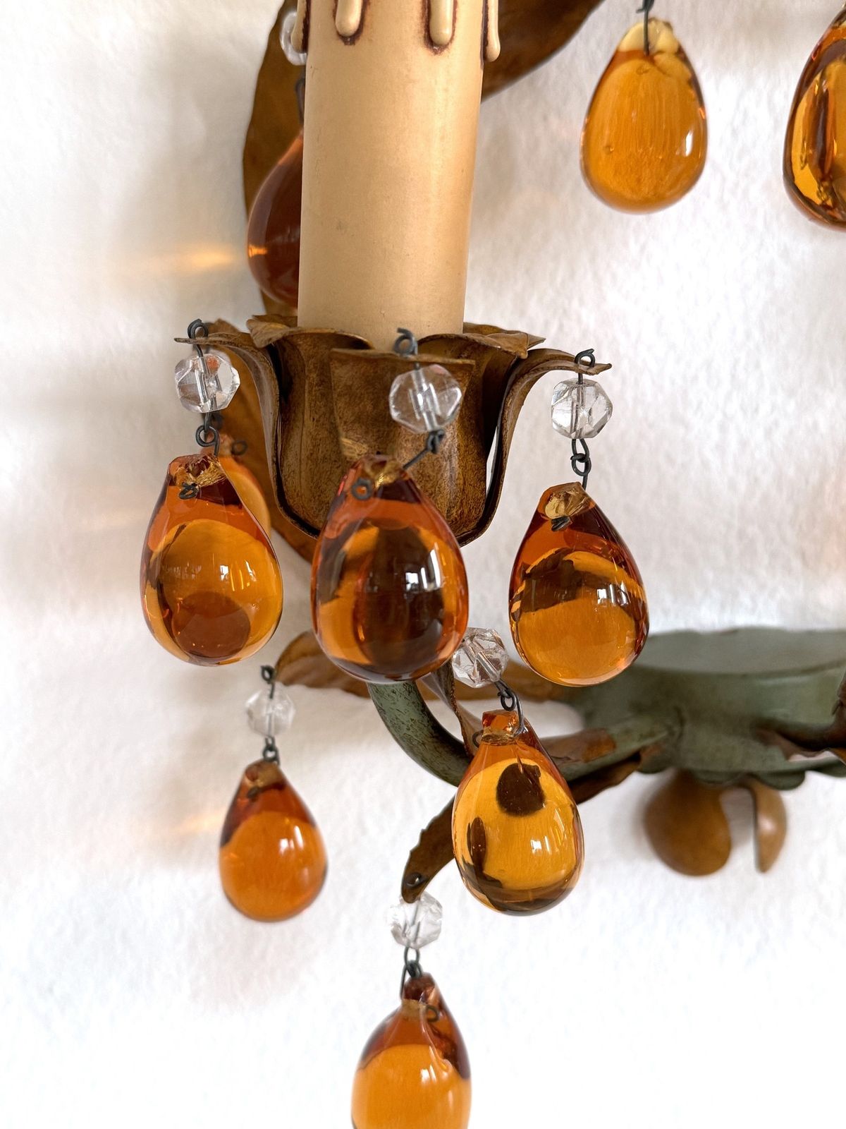 Italian Mid Century Tole And Amber Murano Glass Drops Wall Sconces, 1950s photo Lighting