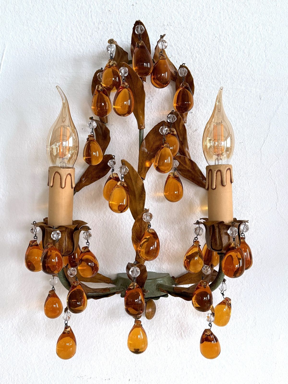 Italian Mid Century Tole And Amber Murano Glass Drops Wall Sconces, 1950s photo buy