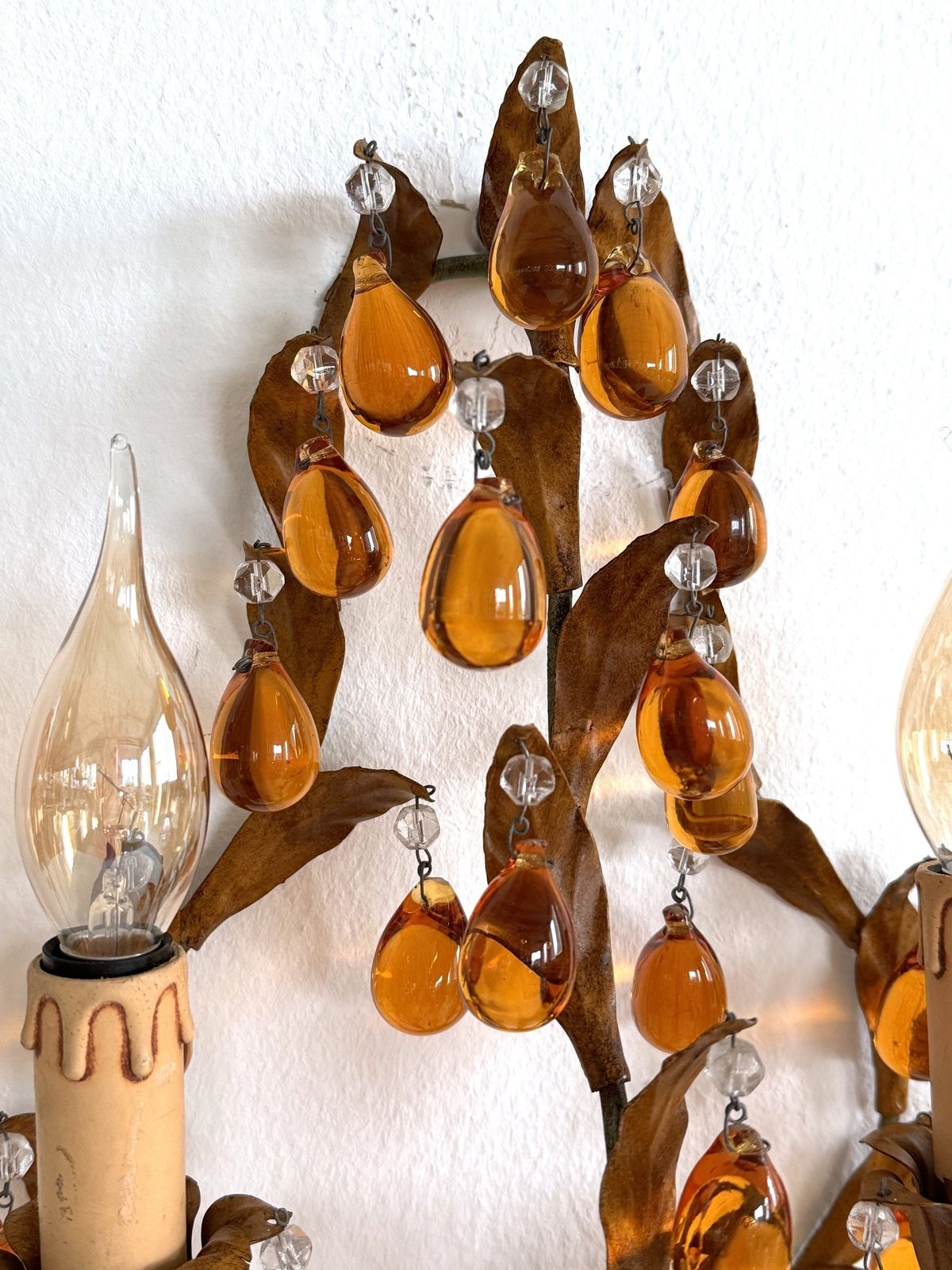 Italian Mid Century Tole And Amber Murano Glass Drops Wall Sconces, 1950s photo vintage