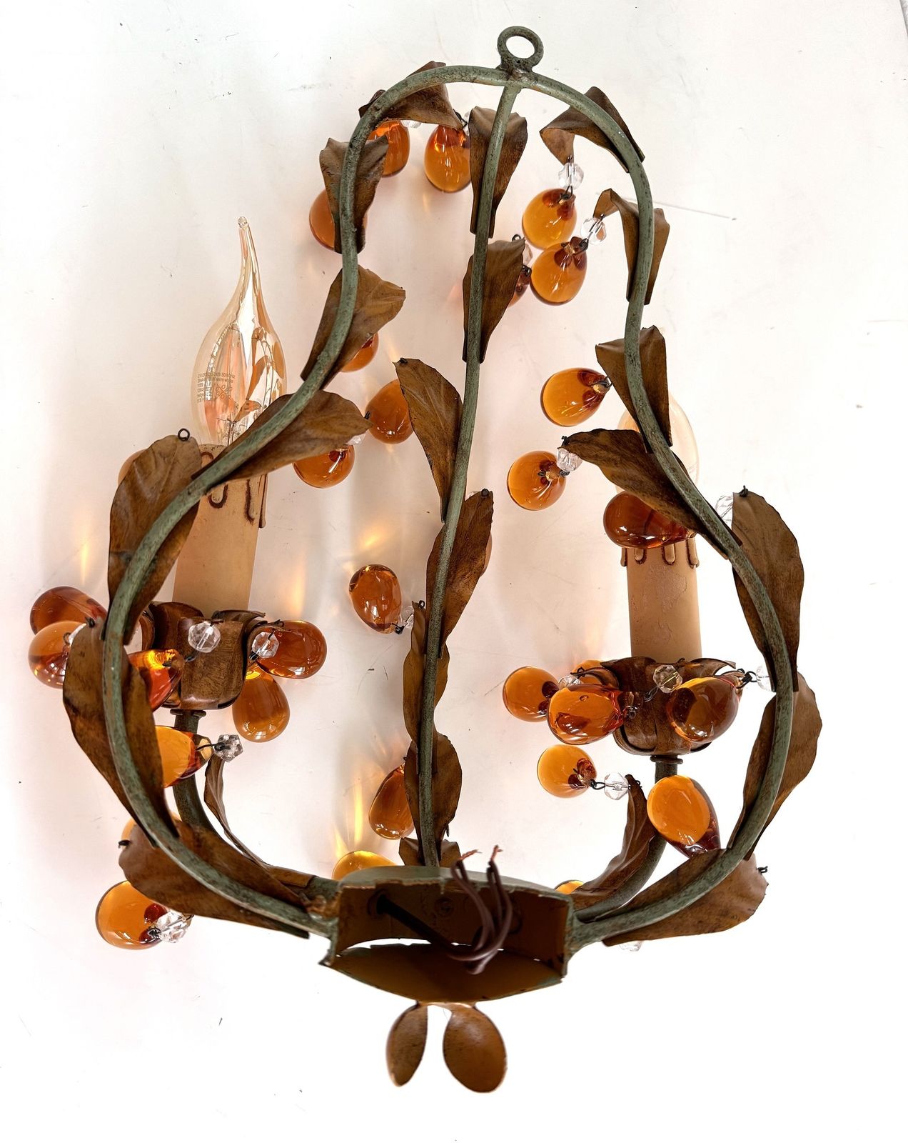 photo vinterior Italian Mid Century Tole And Amber Murano Glass Drops Wall Sconces, 1950s