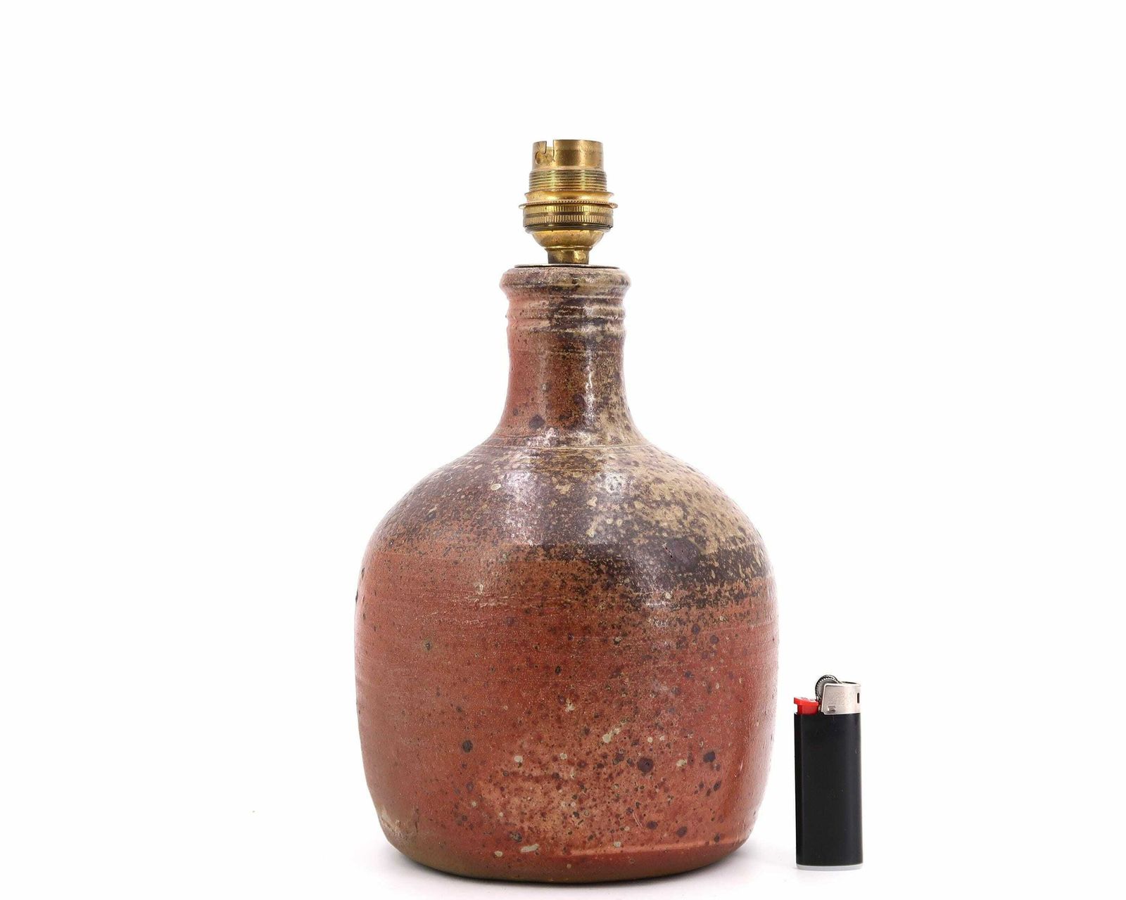 French Stoneware Ceramic Table Lamp, Raffia Shade, 1960s / Potter, Brown, Boho Chic, Folk, Country, Lighting, France photo for sale