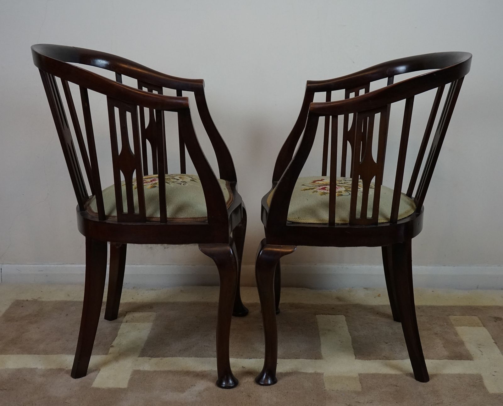 Beautiful Pair Of Edwardian Stick And Tub  Back Armchairs With Berlin Wool Work Seats photo for sale