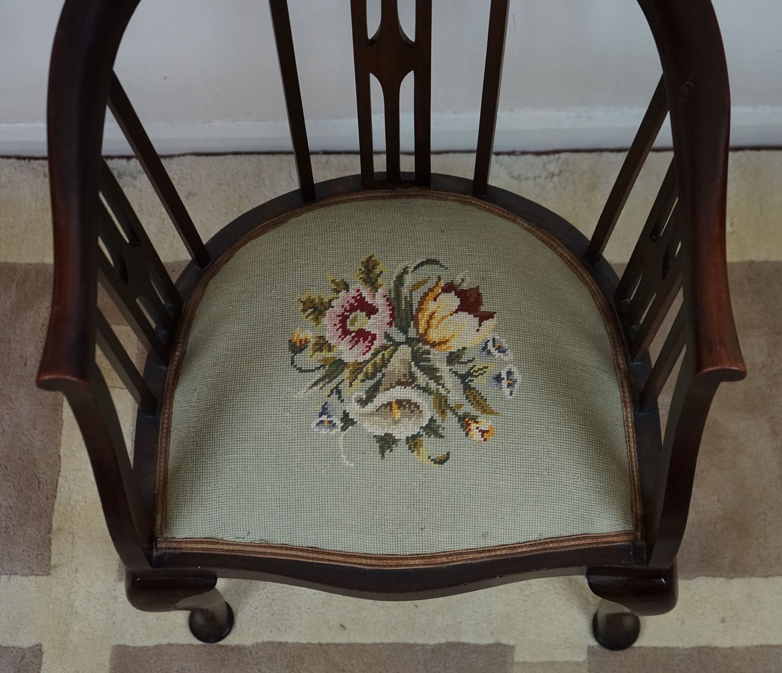 Beautiful Pair Of Edwardian Stick And Tub  Back Armchairs With Berlin Wool Work Seats photo vintage