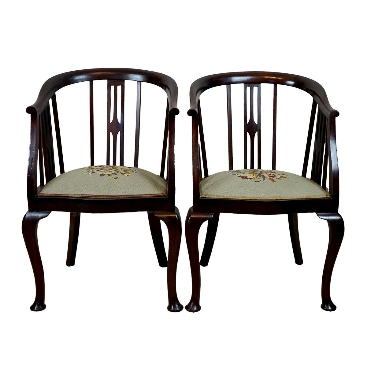 photo furniture Beautiful Pair Of Edwardian Stick And Tub  Back Armchairs With Berlin Wool Work Seats