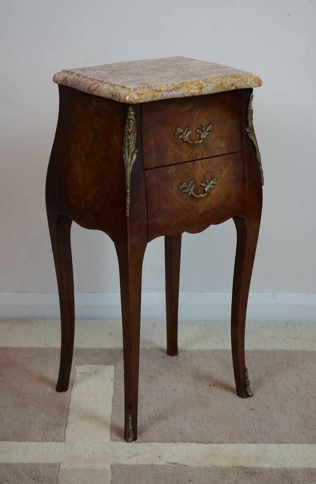 French Kingwood And Floral Marquetry Inlaid Bedside Chest With Marble Top photo for sale