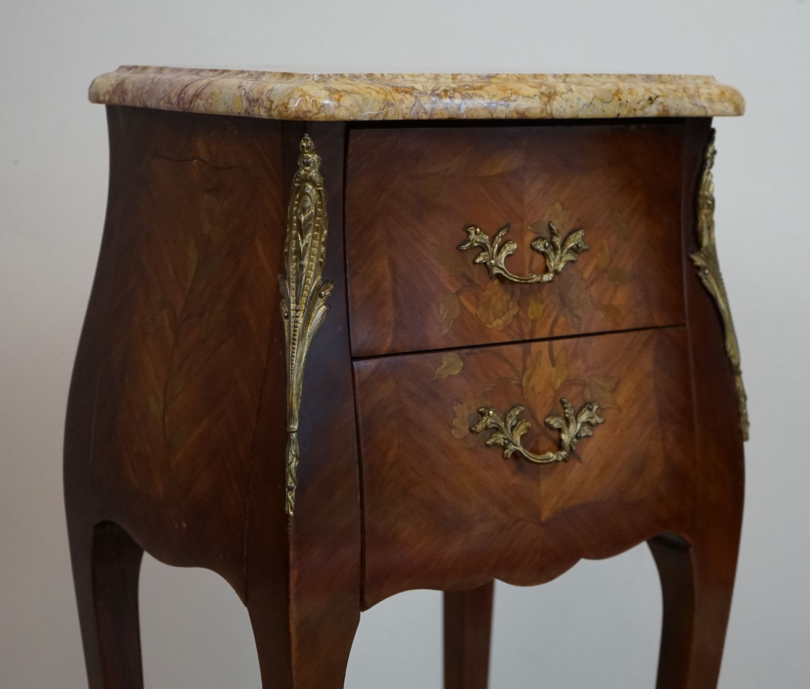 French Kingwood And Floral Marquetry Inlaid Bedside Chest With Marble Top photo Furniture